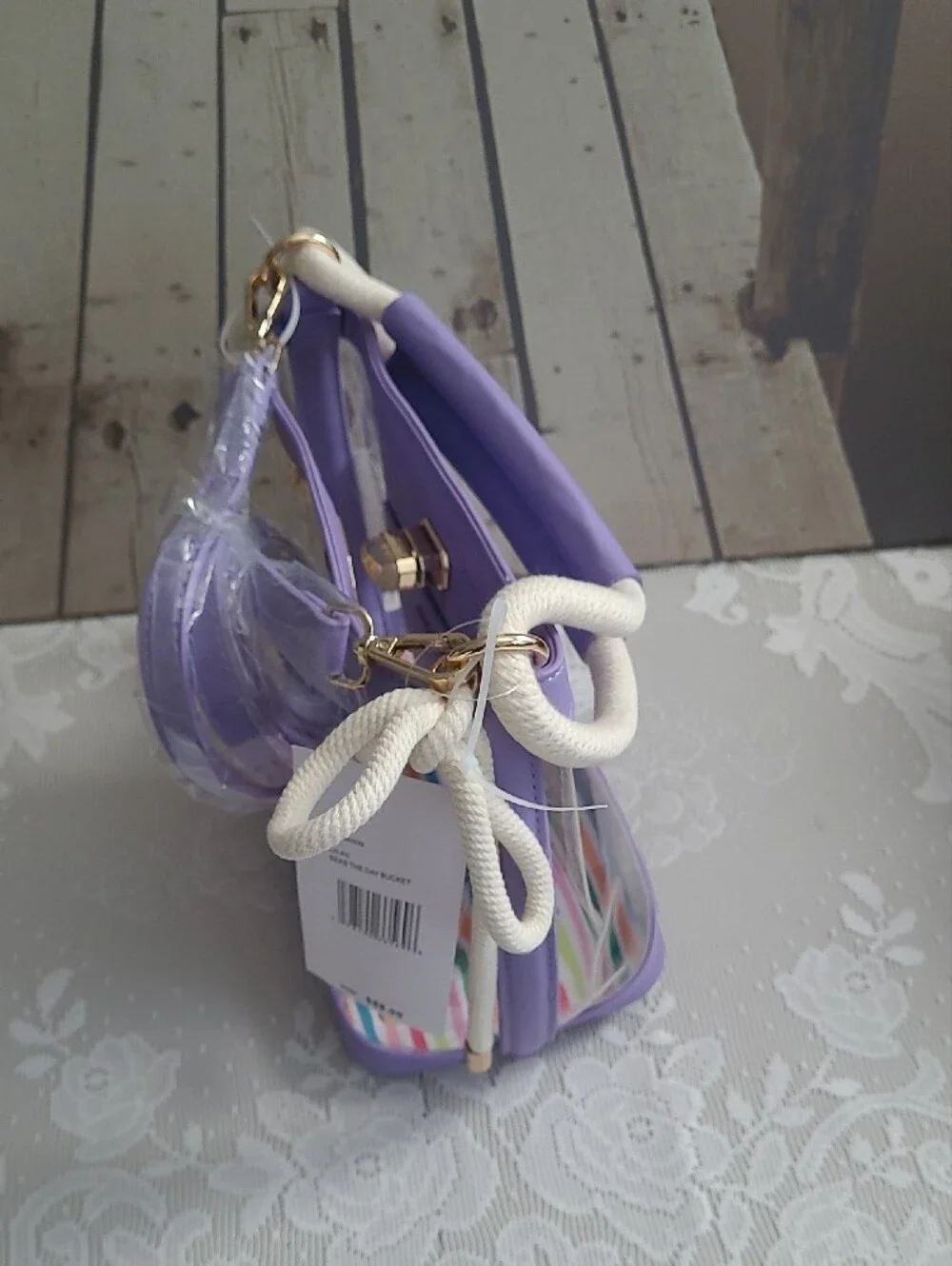 Women’s Clear Purple Beach Phone Case Crossbody with Gold Shell Accents